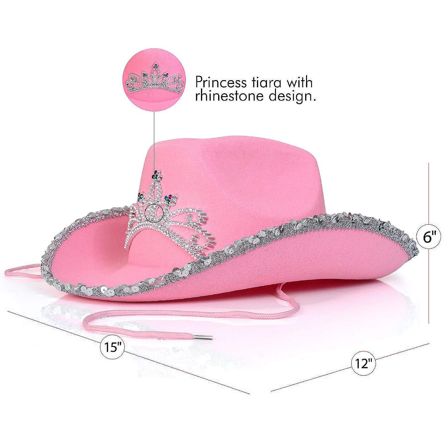 Skeleteen Pink Cowboy Hat - Pink Sequin Cowgirl Princess Hat with Crown Tiara Design | USA Decoration®