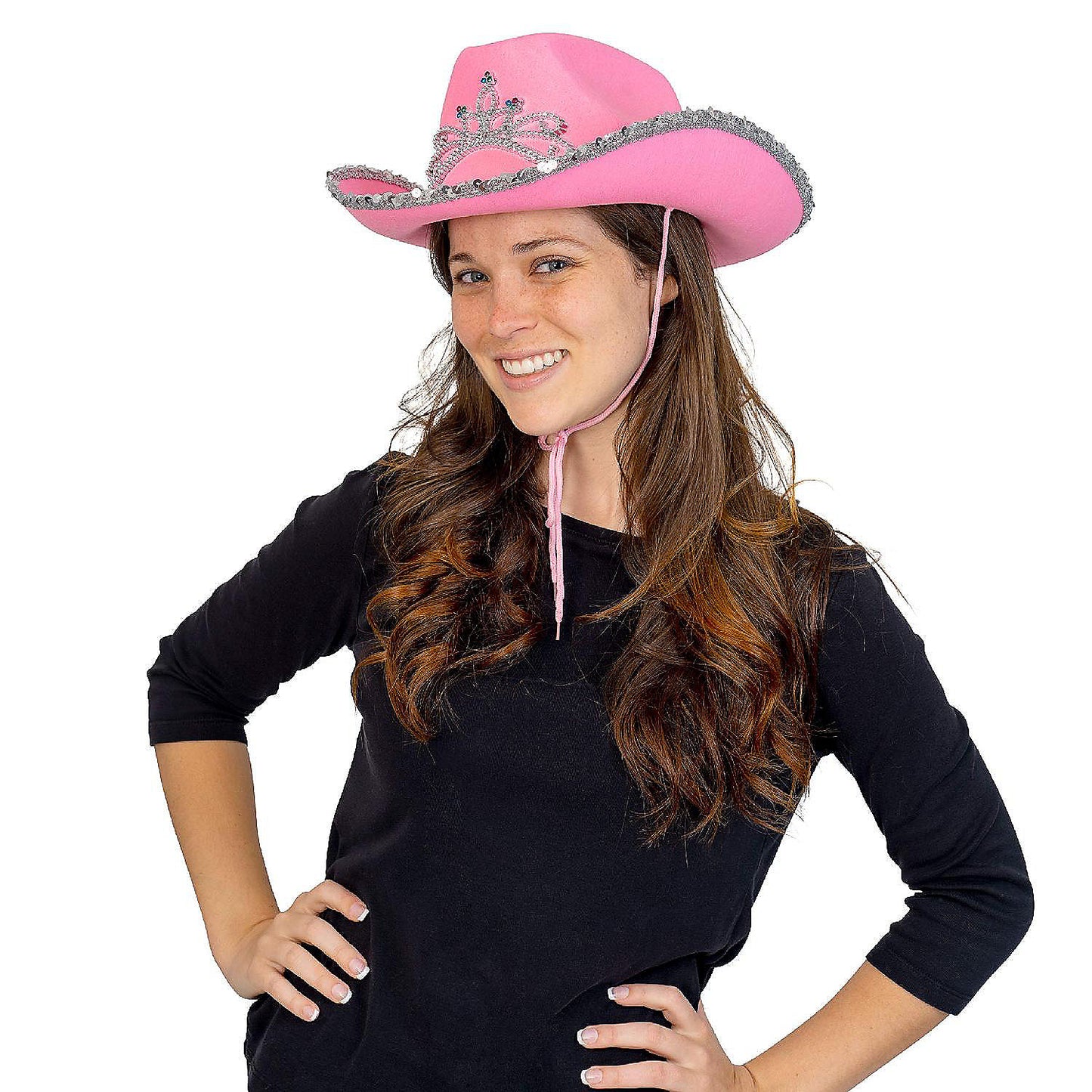 Skeleteen Pink Cowboy Hat - Pink Sequin Cowgirl Princess Hat with Crown Tiara Design | USA Decoration®