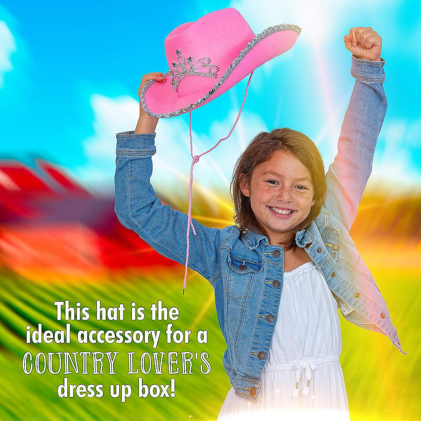 Skeleteen Pink Cowboy Hat - Pink Sequin Cowgirl Princess Hat with Crown Tiara Design | USA Decoration®