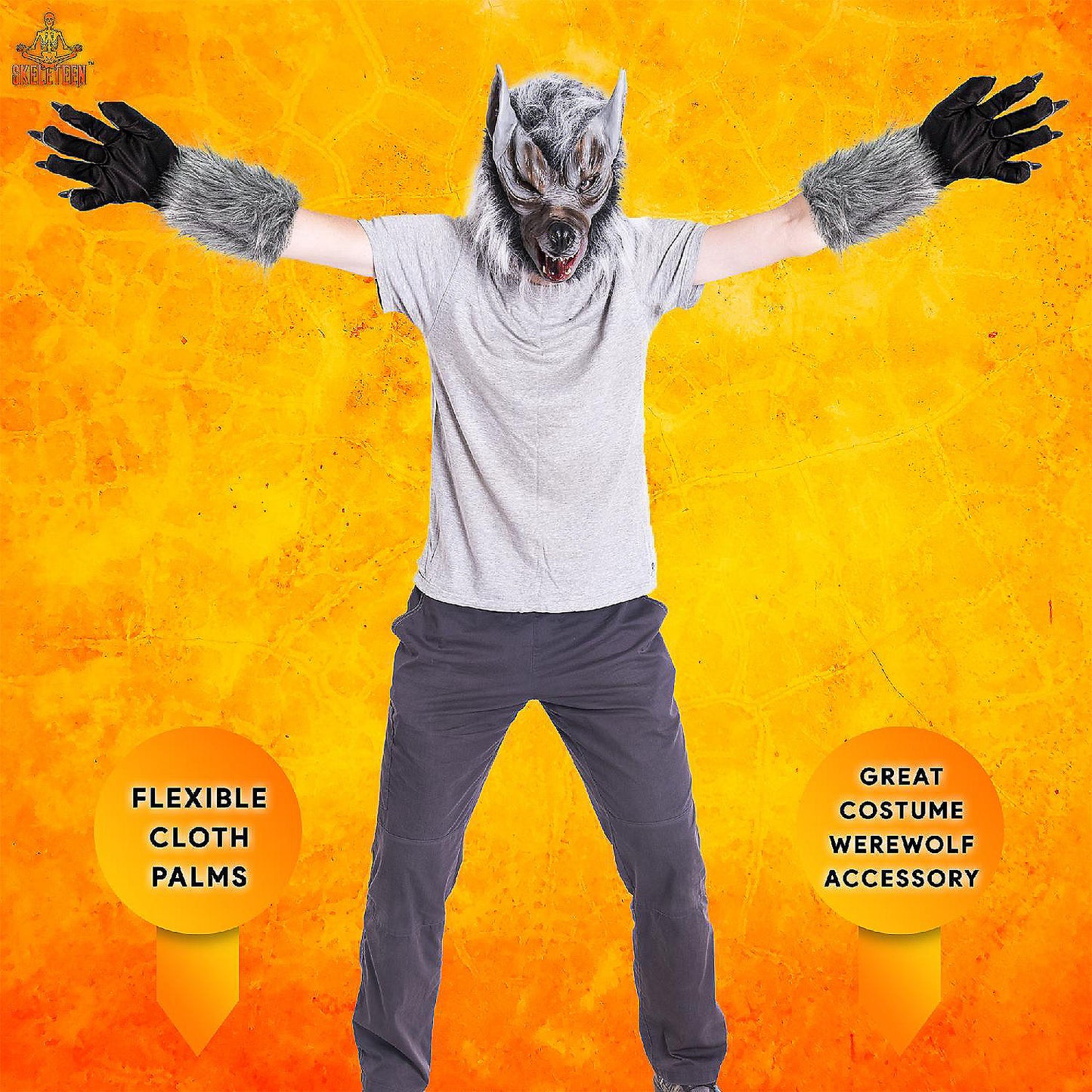 Skeleteen Werewolf Hand Costume Gloves - Grey Hairy Wolf Claw Hands Paws Monster Costume Accessories for Kids and Adults | USA Decoration®