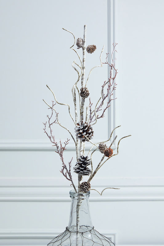 32” Iced Birch Cone Stem Artificial Frosted Pine Cone Branch for Winter and Christmas Decorations