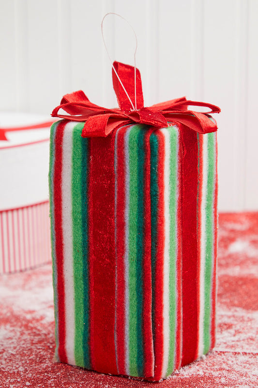 8? × 4? Green & Red Gift Box Ornament Striped Felt Holiday Present