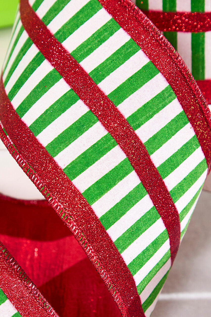 4" x 10 Yard Green and White Striped Ribbon
