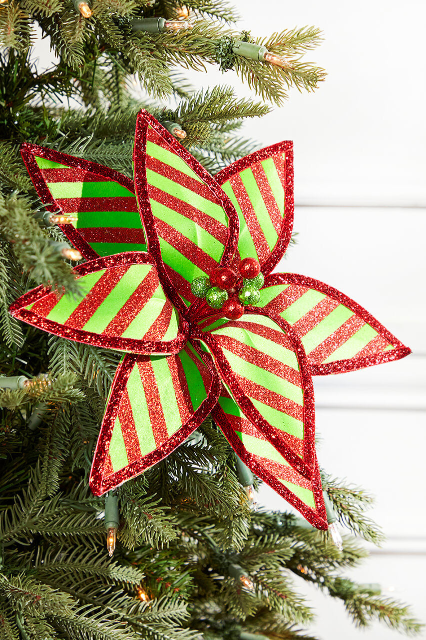 23? × 12? Green & Red Stripe Poinsettia Stem Festive Holiday Floral Pick