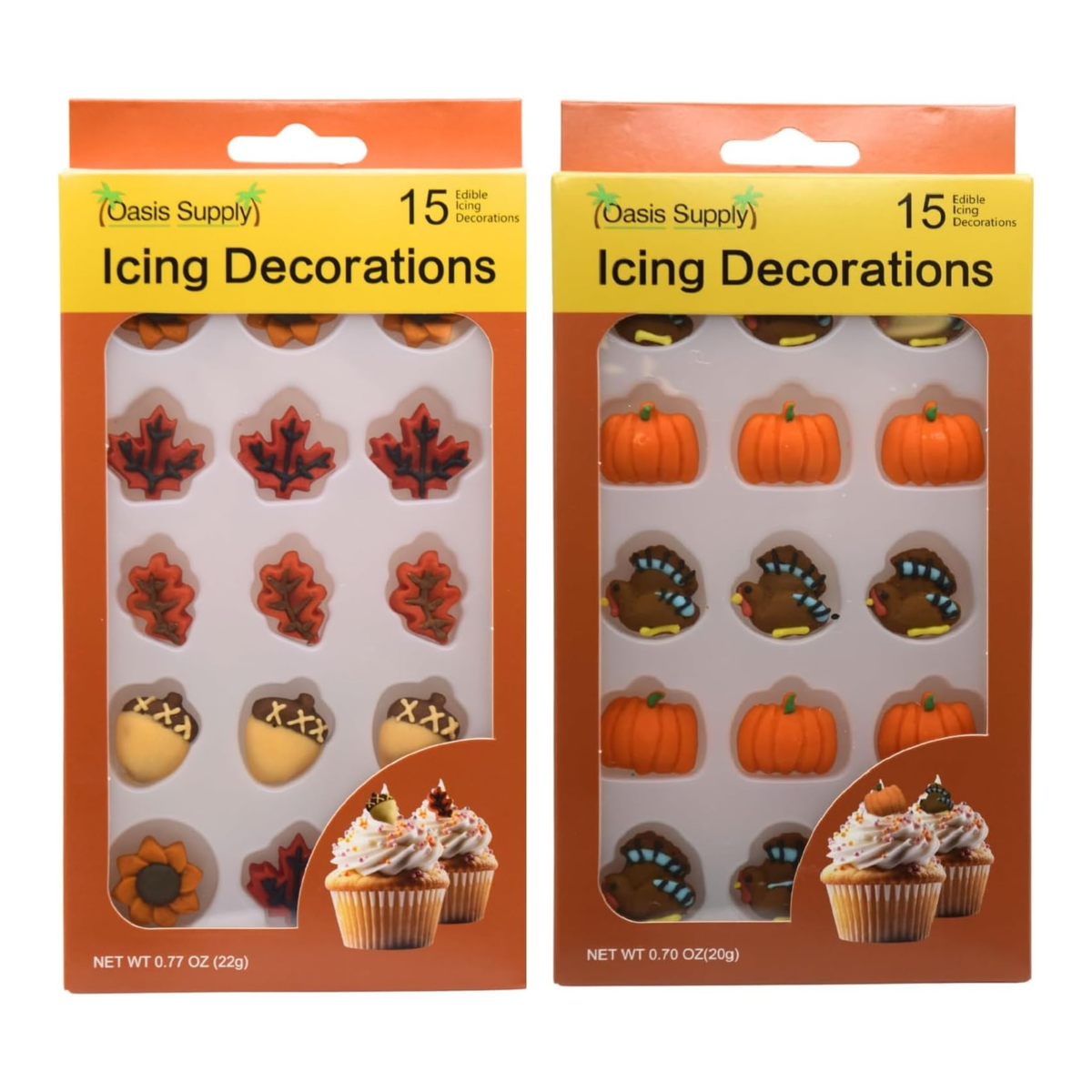 Thanksgiving Fall Edible Cake Decorations - Candy or Cupcake Topper - Assorted Leaves, Acorns, Turkeys, and Pumpkins, 30 Pieces Total
