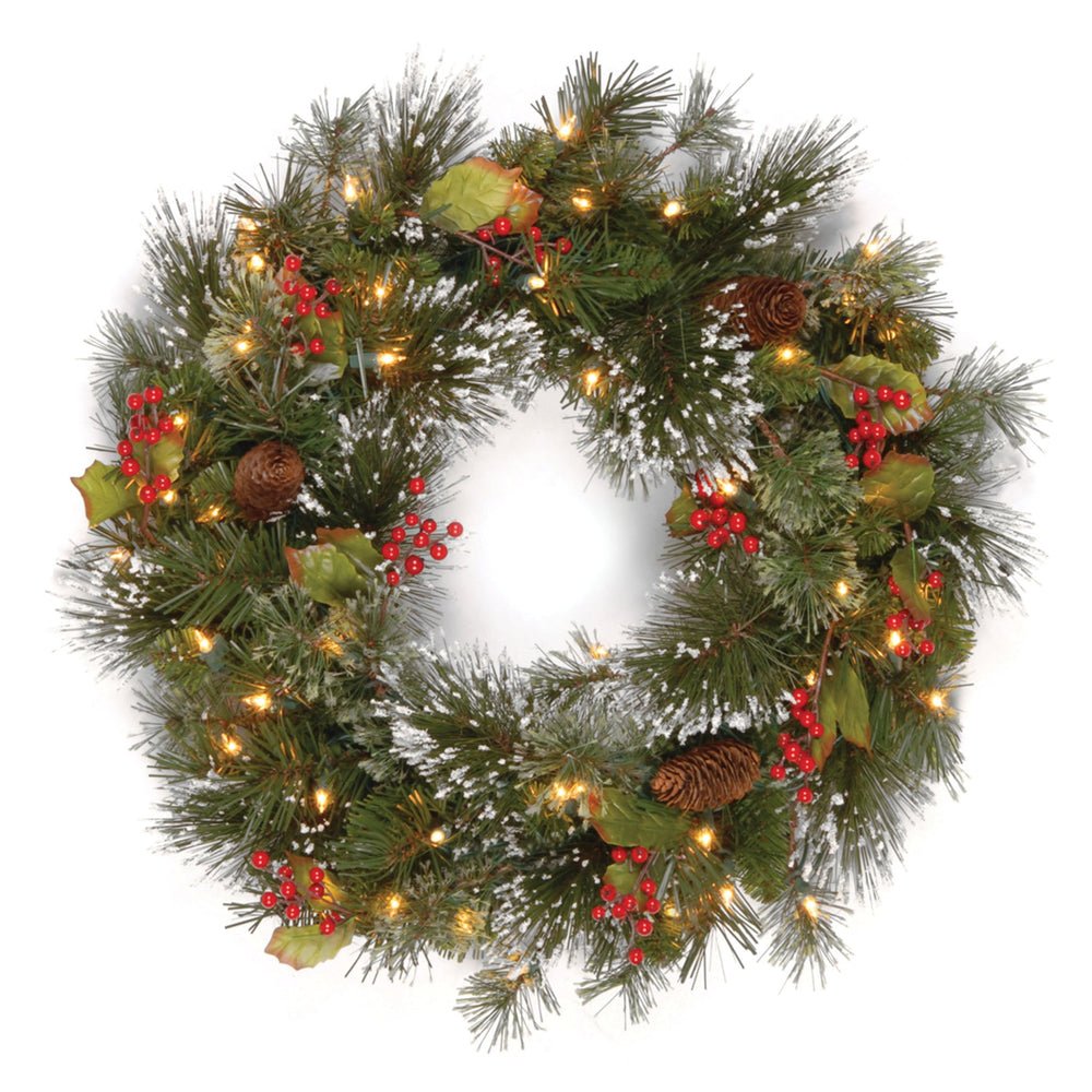 24 Inch Pre-Lit Wintry Pine Wreath with Clear LED Lights and Realistic Tips | USA Decoration®