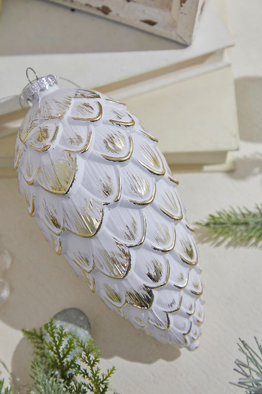 8 Inch White and Gold Matte Pine Cone Ornament