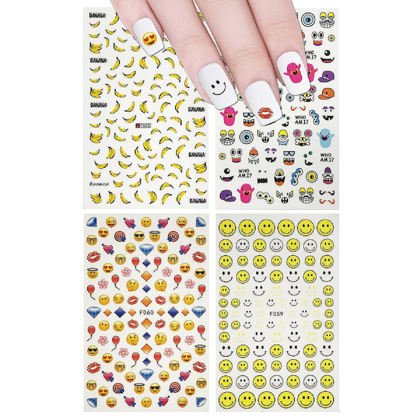 Wrapables 4 Sheets Nail Stickers Nail Art Set, Smile & Friends Nail Stickers (4 sheets)