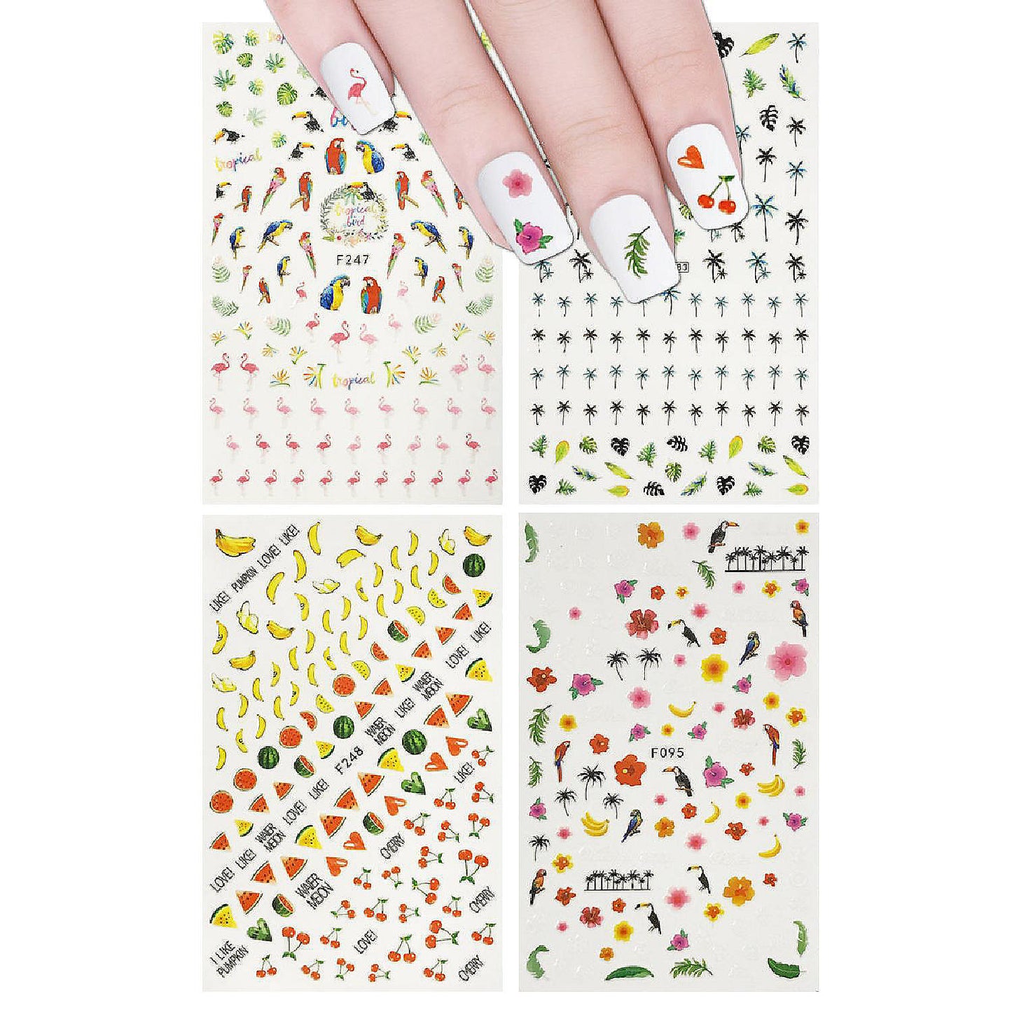Wrapables 4 Sheets Nail Stickers Nail Art Set - Tropical Paradise Flamingo & Fruit Nail Stickers