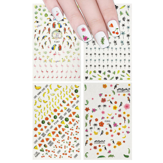 Wrapables 4 Sheets Nail Stickers Nail Art Set - Tropical Paradise Flamingo & Fruit Nail Stickers