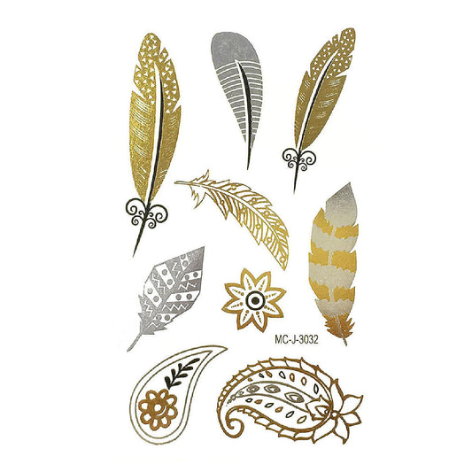 Wrapables Celebrity Inspired Temporary Tattoos in Metallic Gold Silver and Black, Small, Feathers