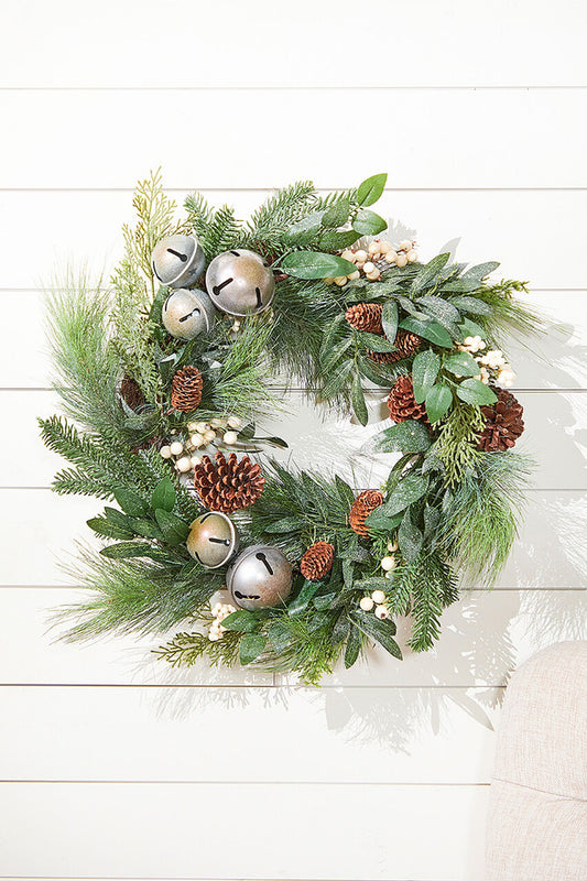 24" Christmas Jingle Bell & Berry Wreath Festive Holiday Door Decor