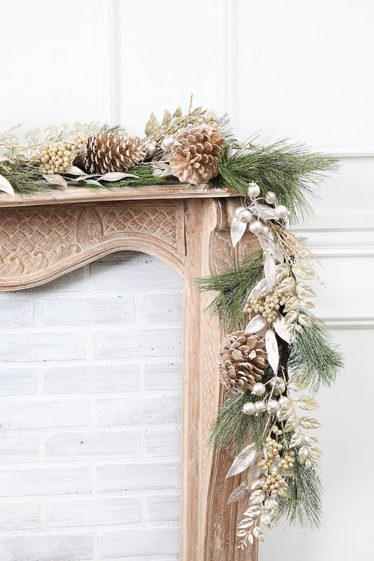 6' Berry Cone Cedar Garland in Champagne Elegant Holiday Decor with Natural Accents